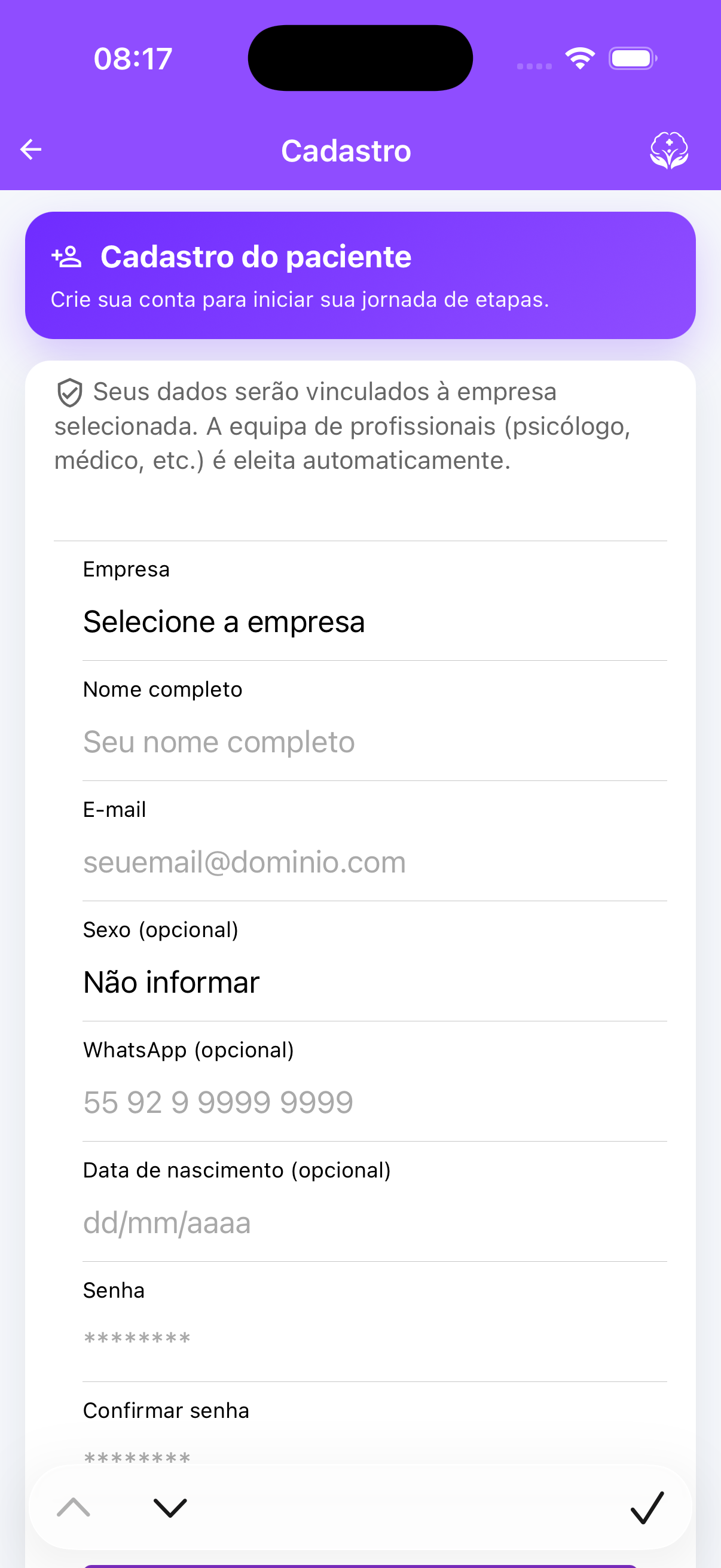 Cadastro do paciente