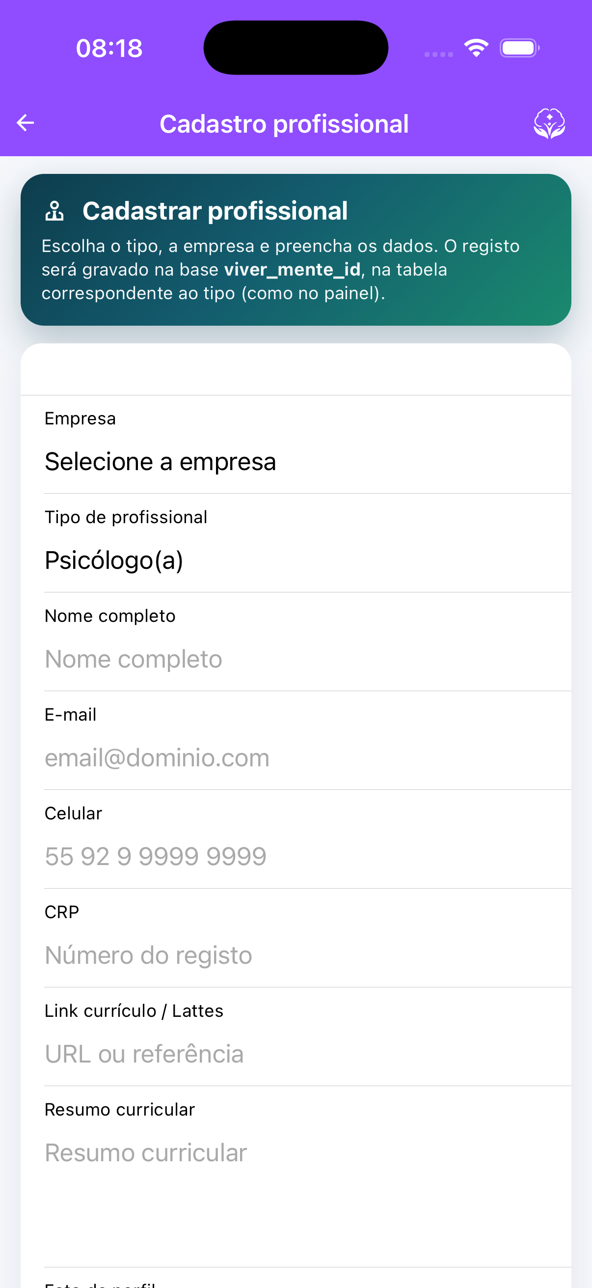 Cadastro do profissional