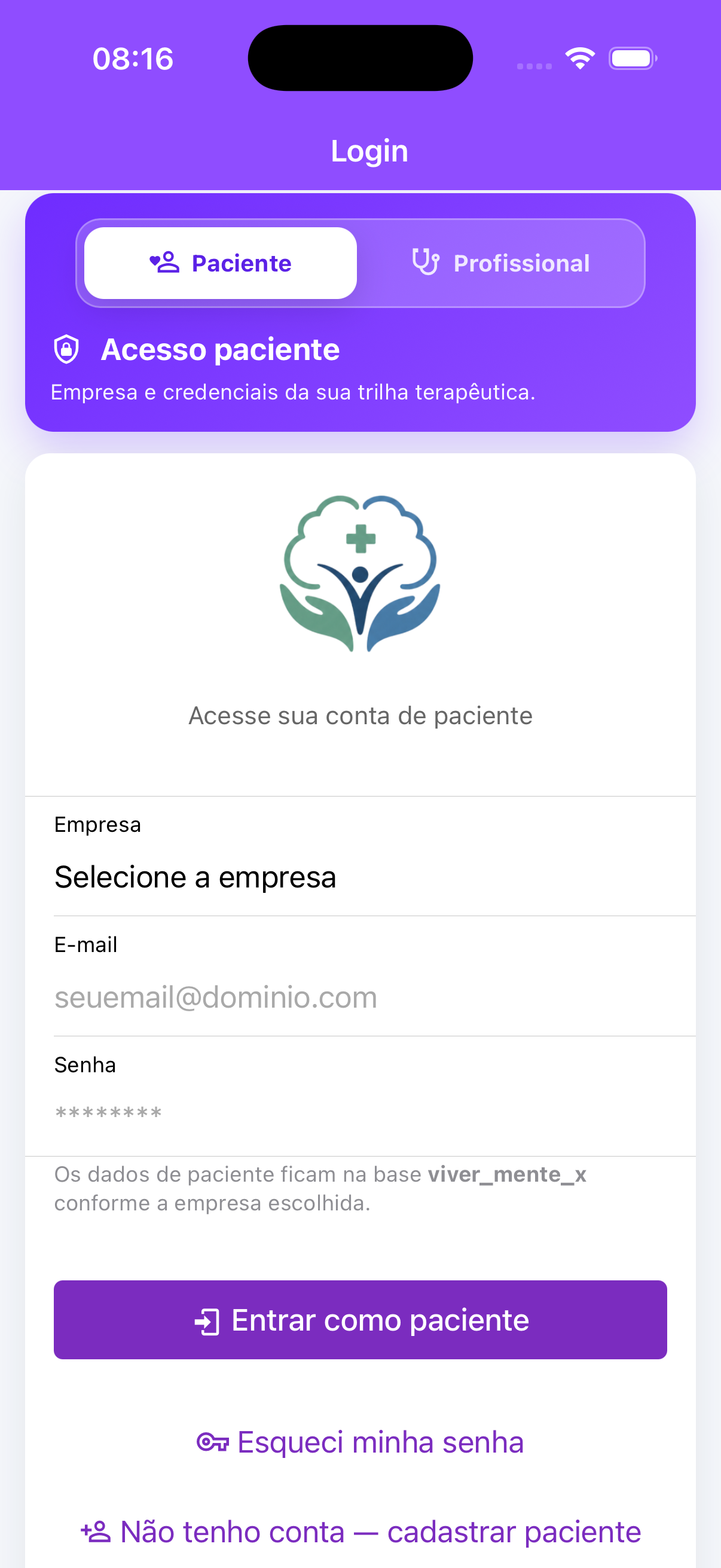 Tela de login do paciente