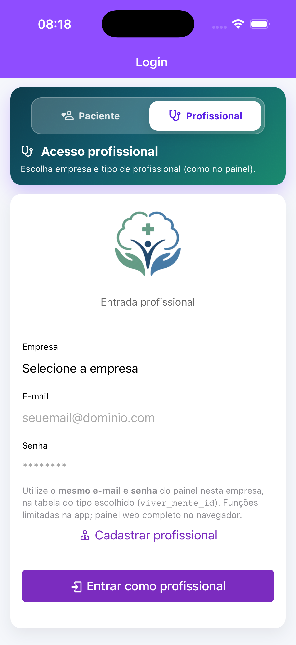 Login profissional