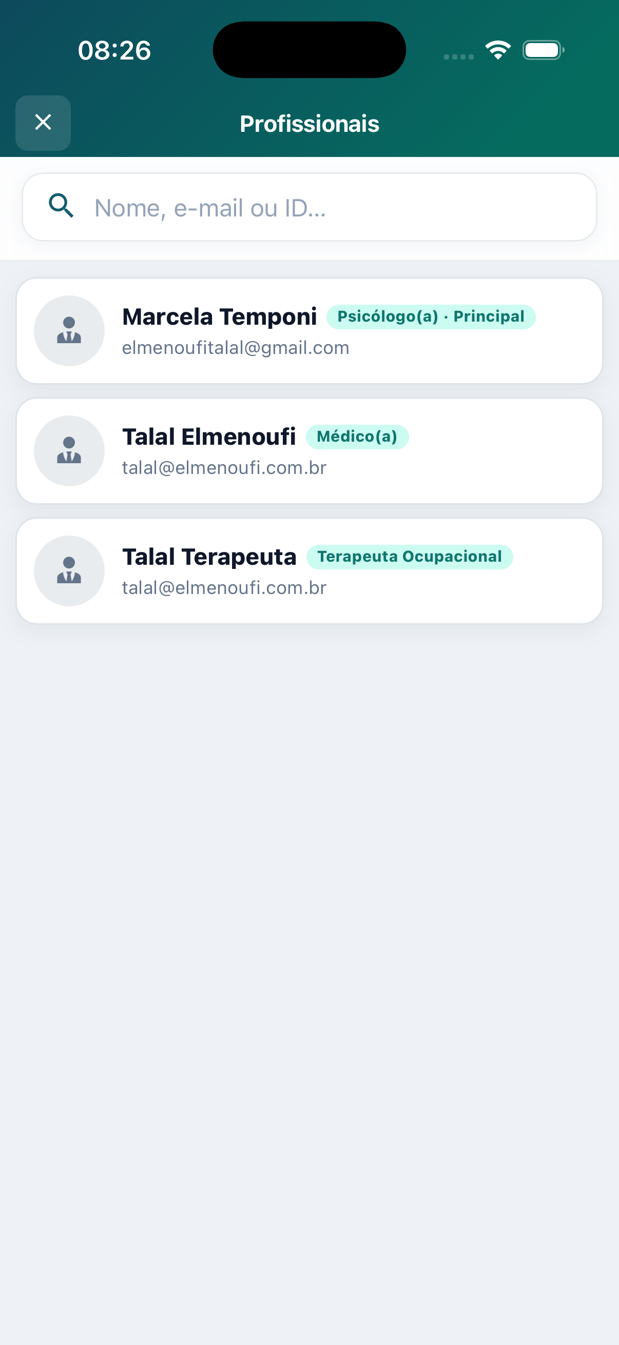 Lista de conversas com profissionais