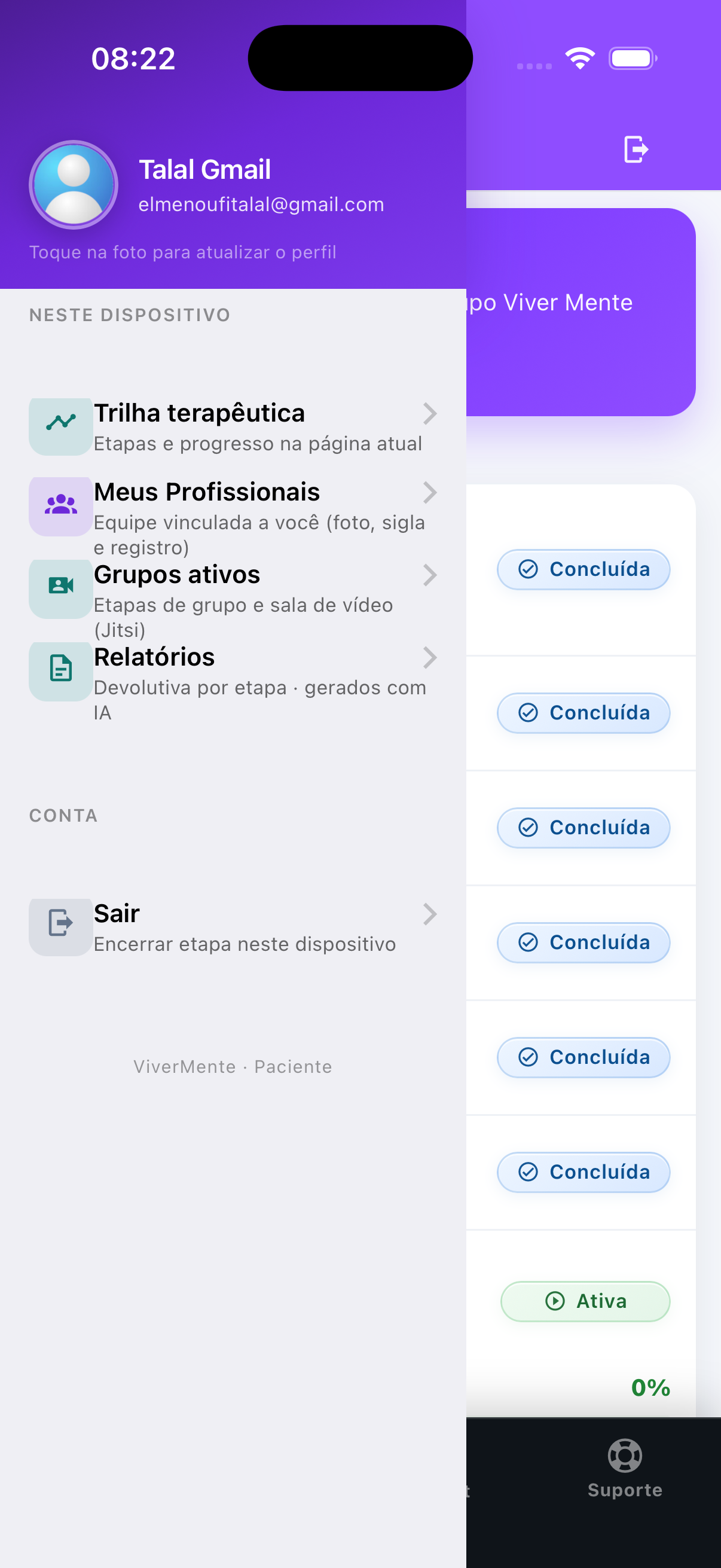 Menu do paciente