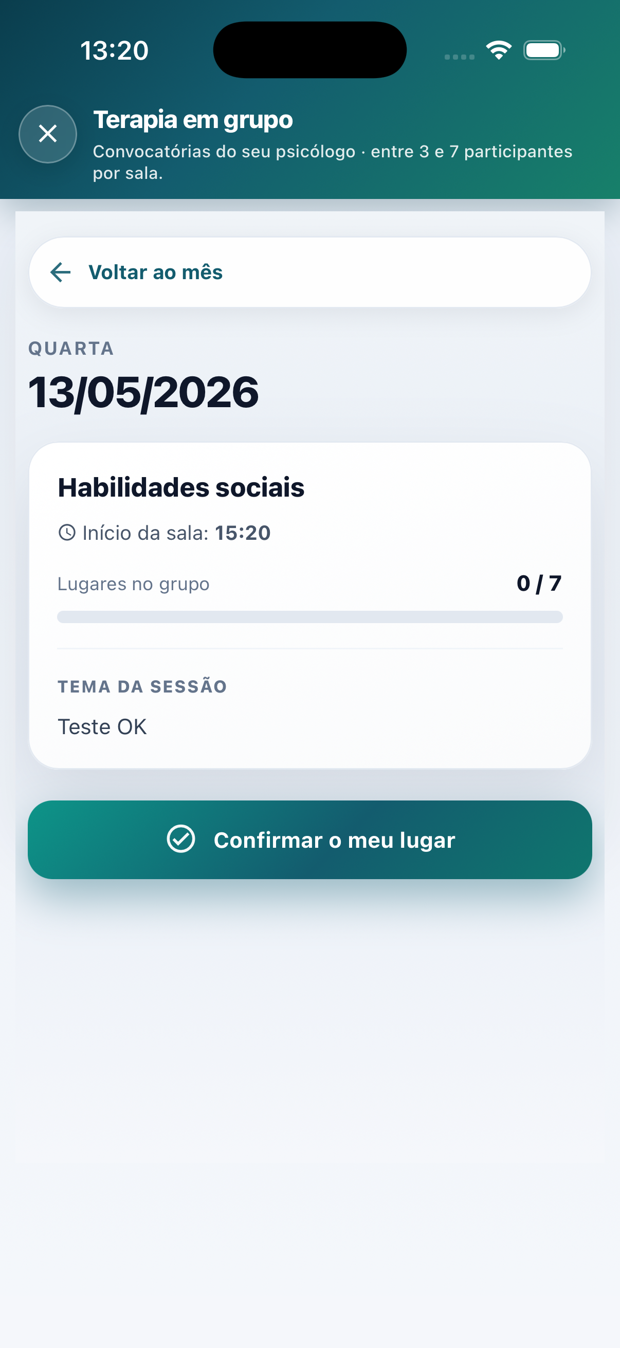 Confirmar lugar na terapia em grupo