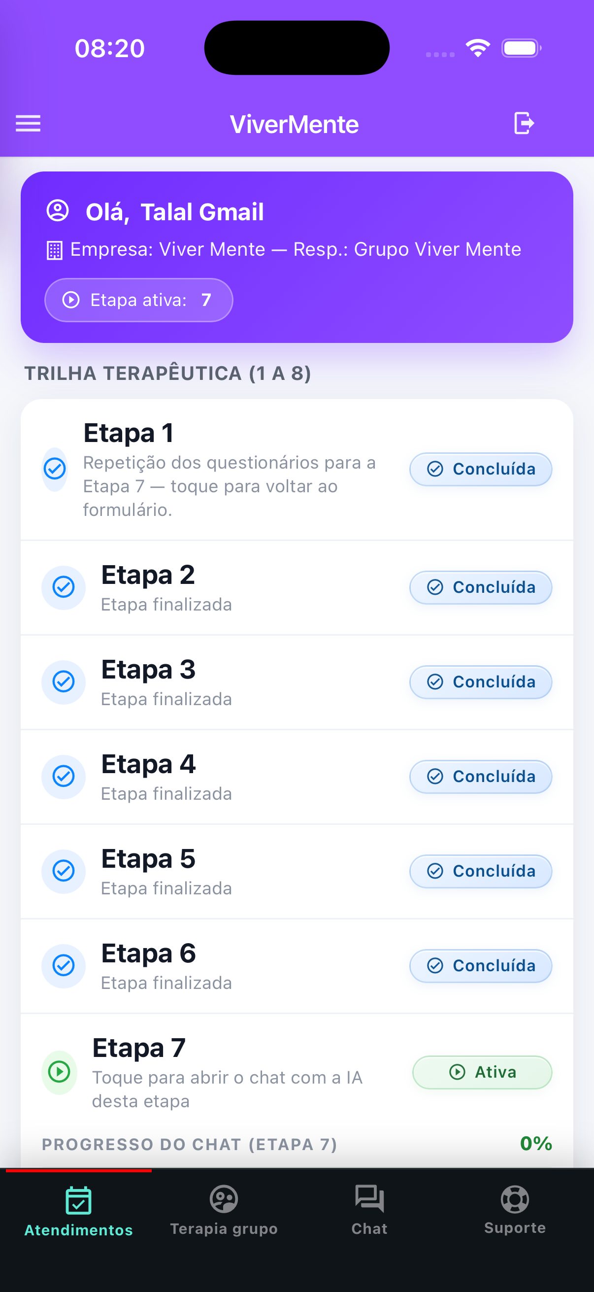 Trilha terapêutica e etapas
