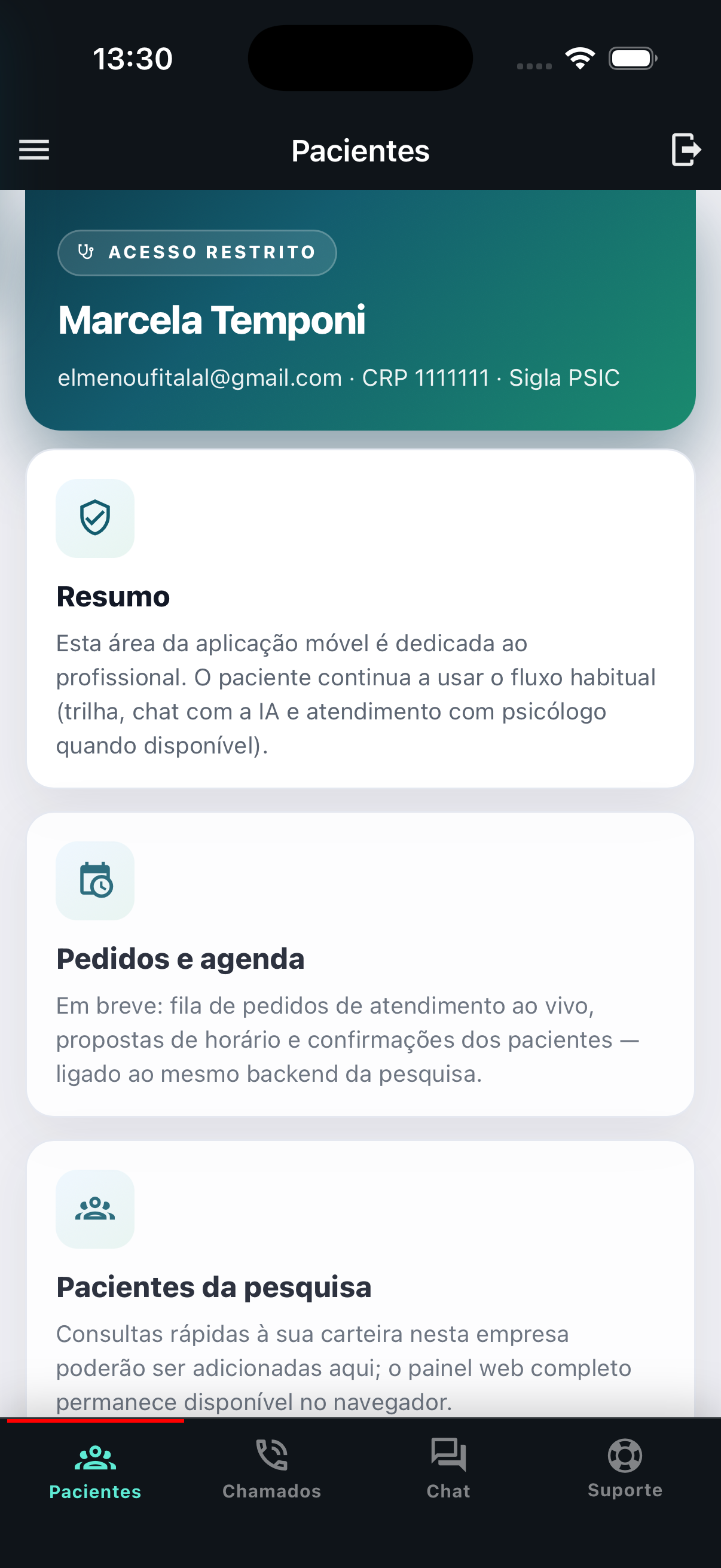 Tela inicial área profissional